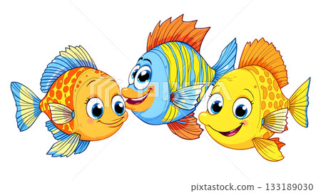 Friendly cartoon fish trio circling coral reef in vibrant blue sea 133189030