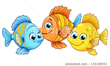 Expressive cartoon fish trio dancing coral reef current in vibrant mood 133189031