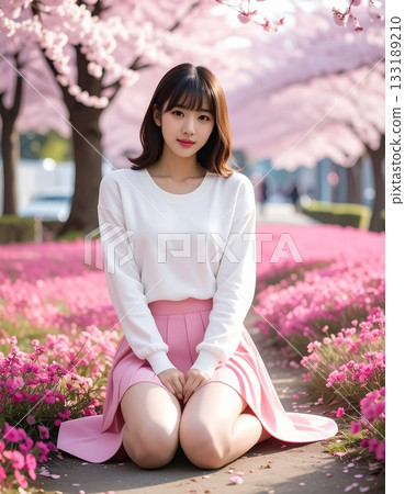 Cherry blossoms in full bloom and portrait of a young woman 133189210