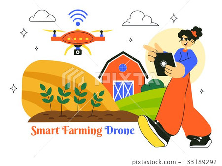 Smart Drone Farming Technology Vector Illustration Featuring a Farmer Managing His Industrial Farm Using a Tablet in a Flat Background 133189292
