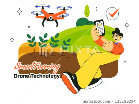 Smart Drone Farming Technology Vector Illustration Featuring a Farmer Managing His Industrial Farm Using a Tablet in a Flat Background 133189294