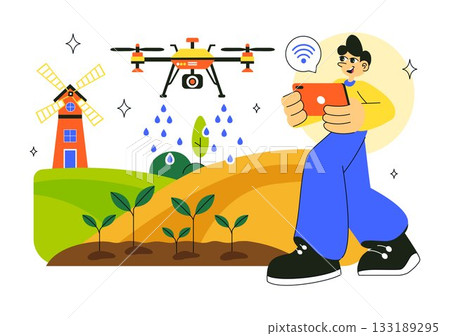 Smart Drone Farming Technology Vector Illustration Featuring a Farmer Managing His Industrial Farm Using a Tablet in a Flat Background Smart Drone Farming Technology Vector Illustration Featuring a Farmer Managing His Industrial Farm Using a Tablet in a Flat Background 133189295