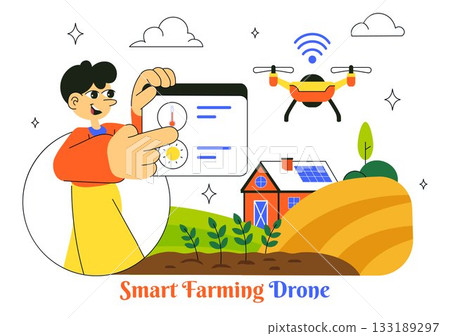Smart Drone Farming Technology Vector Illustration Featuring a Farmer Managing His Industrial Farm Using a Tablet in a Flat Background Smart Drone Farming Technology Vector Illustration Featuring a Farmer Managing His Industrial Farm Using a Tablet in a Flat Background 133189297