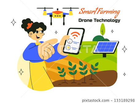 Smart Drone Farming Technology Vector Illustration Featuring a Farmer Managing His Industrial Farm Using a Tablet in a Flat Background Smart Drone Farming Technology Vector Illustration Featuring a Farmer Managing His Industrial Farm Using a Tablet in a Flat Background 133189298