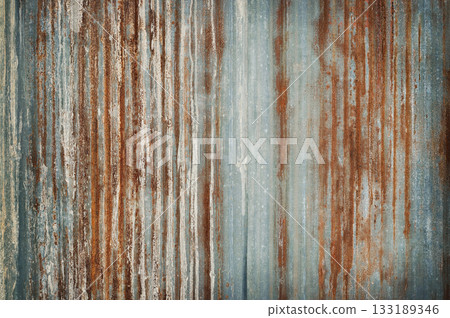 Old zinc wall texture background, rusty on galvanized metal panel sheeting. 133189346