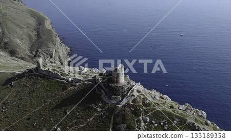 Aerial view of chembalo fortress on crimean coastline. Media 133189358