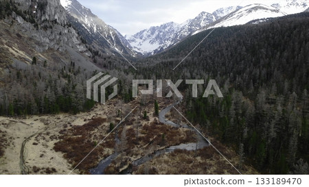 Breathtaking mountain valley with winding river and lush forest. Media Breathtaking mountain valley with winding river and lush forest. Media 133189470