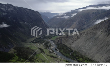 Chulyshman valley and river in altai mountains republic, russia. Media 133189487