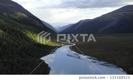 Turquoise river flowing through valley in altai mountains. Media Turquoise river flowing through valley in altai mountains. Media 133189523