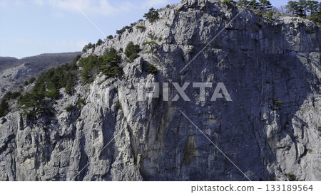 Rocky cliff face with trees against blue sky. Media 133189564