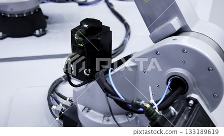 Robotic arm moving showing its mechanics and wiring. Media 133189619