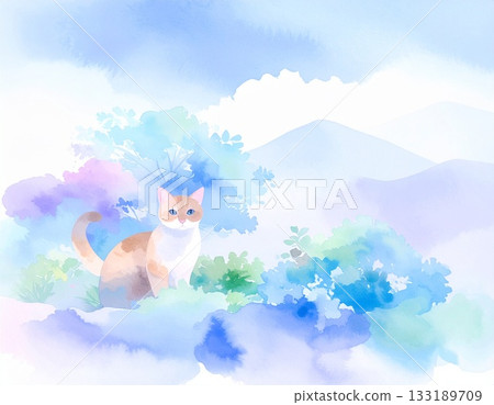 一幅描繪貓在自然環境中，背景是藍天的插圖 133189709