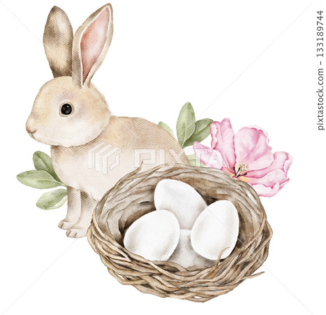 Watercolor illustration of an Easter rabbit near a nest with eggs and soft flowers. Suitable for postcards, holiday prints, packaging, posters, and seasonal decorative projects. 133189744