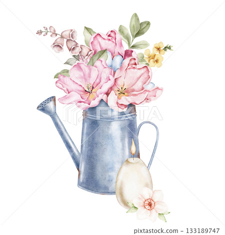 Watercolor composition featuring a metal jug with pink flowers and a hanging decorative egg with a soft flower. Ideal for Easter cards, packaging, posters, crafts, and spring themed creative projects. Watercolor composition featuring a metal jug with pink flowers and a hanging decorative egg with a soft flower. Ideal for Easter cards, packaging, posters, crafts, and spring themed creative projects. 133189747