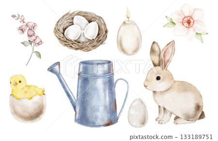 Watercolor Easter clipart set including a rabbit, nest with eggs, flowers, metal jug, chick, and decorative elements. Perfect for cards, posters, packaging, crafts, and seasonal design compositions. Watercolor Easter clipart set including a rabbit, nest with eggs, flowers, metal jug, chick, and decorative elements. Perfect for cards, posters, packaging, crafts, and seasonal design compositions. 133189751