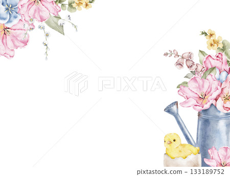 Watercolor corner frame with pink flowers, a metal jug, and a small yellow chick. Suitable for postcards, invitations, packaging, labels, posters, and spring or Easter themed design layouts. 133189752