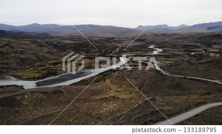 Aerial view of meandering river in patagonia. Media 133189795
