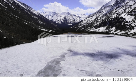 A breathtaking and beautiful snowy mountain landscape that features a stunning frozen lake. Media 133189804