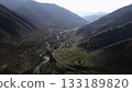 Mountain valley with winding river and small village. Media 133189820