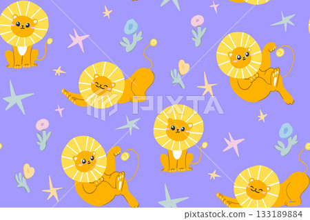 Bright yellow lions on a shimmering purple seamless pattern among flowers and stars Bright yellow lions on a shimmering purple seamless pattern among flowers and stars 133189884