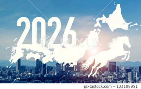 Map of Japan and a jumping horse - 2026 Year of the Horse New Year's image - Business New Year's card material Map of Japan and a jumping horse - 2026 Year of the Horse New Year's image - Business New Year's card material 133189951