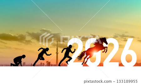 A person transforming into a horse and running towards 2026. Image of the New Year, Year of the Horse, 2026. Business New Year's card material. 133189955