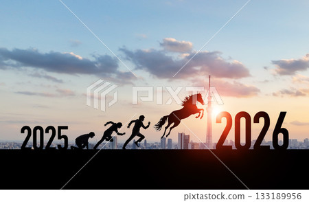 A person transforming into a horse and running towards 2026. Image of the New Year, Year of the Horse, 2026. Business New Year's card material. 133189956