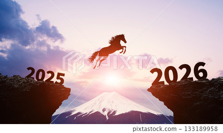 A horse jumping over a valley to 2026. Image of the Year of the Horse in 2026. New Year's card material for business use. 133189958