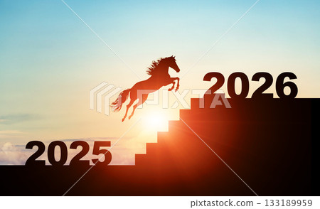 A horse running up the stairs to 2026. Image of the Year of the Horse in 2026. Business New Year's card material. 133189959