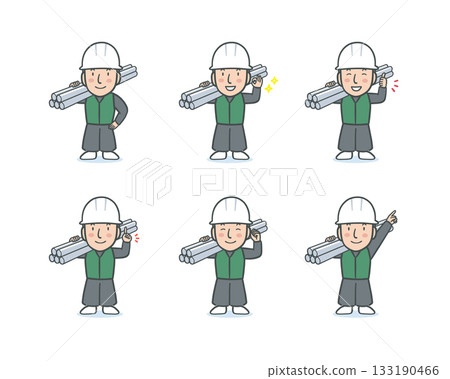一組身穿工作服、手持鐵管的建築工人臉部表情。 133190466