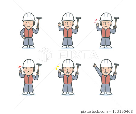 一組木匠的面部表情,他穿著工作服,手持錘子。 一組木匠的面部表情,他穿著工作服,手持錘子。 133190468