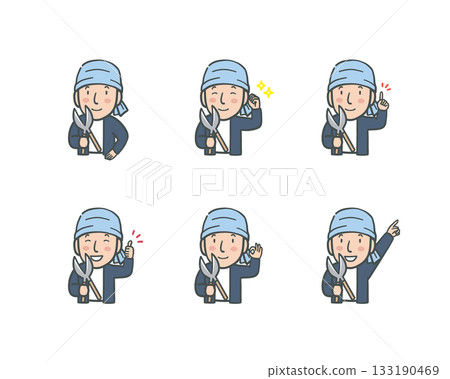 一組戴著頭盔、穿著工作服、手持修枝剪的男士臉部表情圖 133190469