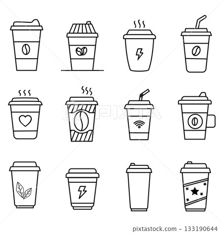 Rendered in black line art on a white background, this set includes hot and cold beverage cups with different lid and straw styles. Rendered in black line art on a white background, this set includes hot and cold beverage cups with different lid and straw styles. 133190644