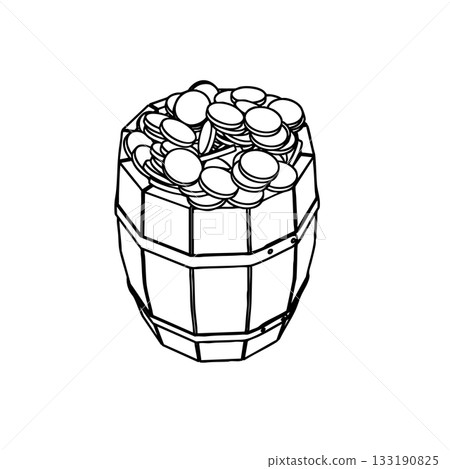 Outline for Coloring of Wooden Old Vintage Barrel with Metal Bands filled by Gold Coins. Vector Illustration. Outline for Coloring of Wooden Old Vintage Barrel with Metal Bands filled by Gold Coins. Vector Illustration. 133190825