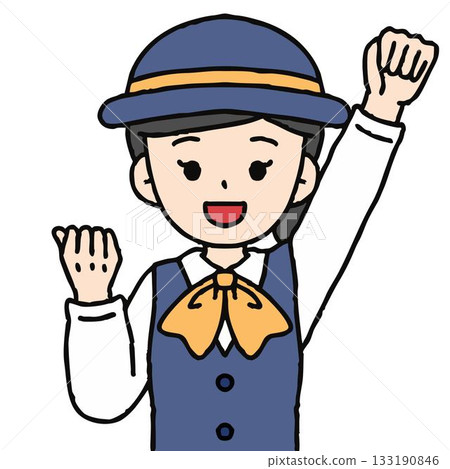 A female bus guide is pumping her fist A female bus guide is pumping her fist 133190846