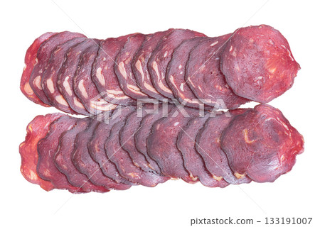 Delicious raw cured sausage isolate. Food, meat sausage. Delicious raw cured sausage isolate. Food, meat sausage. 133191007