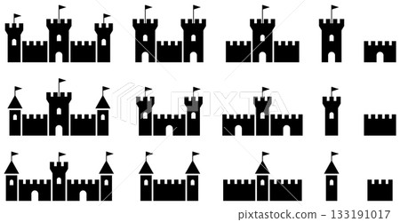 Set of vector illustrations of castles, forts and fortress icons of various shapes 133191017