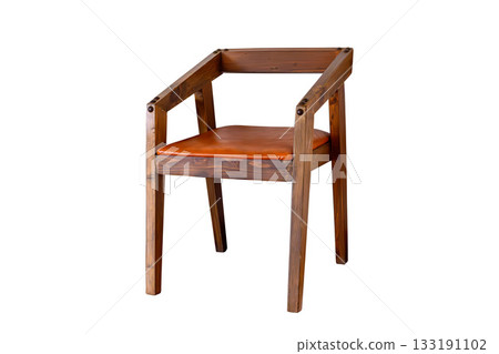 Vintage wooden arm chair with leather cushion isolated on white background, 133191102
