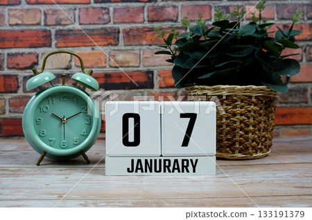 Wooden Calendar Showing the Date of January 7th. Day 7 of January month 133191379