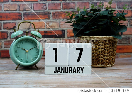 Wooden Calendar Showing the Date of January 17th. Day 17 of January month 133191389