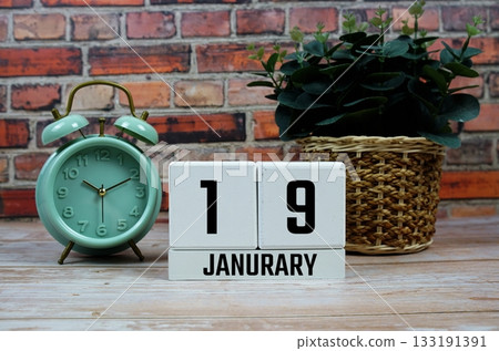 Wooden Calendar Showing the Date of January 19th. Day 19 of January month 133191391