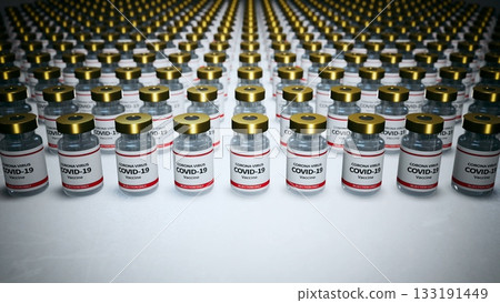 Coronavirus vaccines lined up on a lab desk 3d rendering 133191449