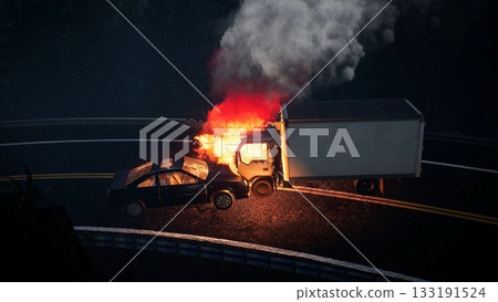 Car and truck accident on the road at night, 3D rendering Car and truck accident on the road at night, 3D rendering 133191524