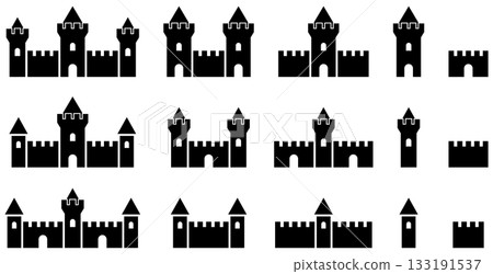Set of vector illustrations of castles, forts and fortress icons of various shapes 133191537
