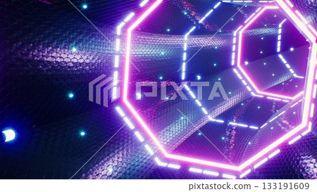 Glowing Geometric Neon Light Reptile Pattern Tunnel 3D Rendering Glowing Geometric Neon Light Reptile Pattern Tunnel 3D Rendering 133191609
