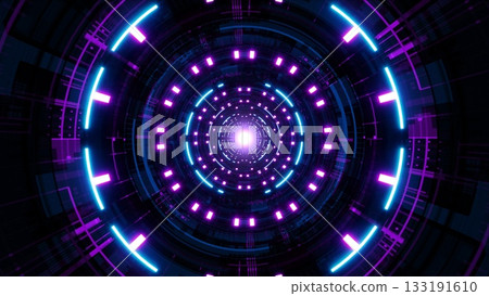 Glowing Geometric Shapes Neon Tunnel Background. 133191610