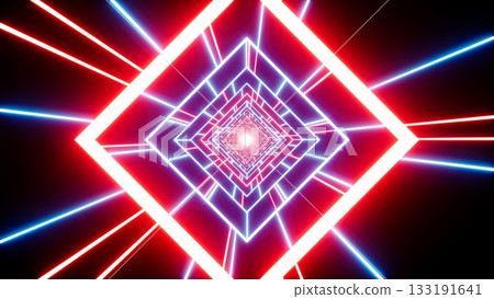 Shining Multiple Red and Blue Colored Neon Light Beam in the Geometric Diamond Shaped Light Frame Tunnel Shining Multiple Red and Blue Colored Neon Light Beam in the Geometric Diamond Shaped Light Frame Tunnel 133191641