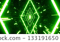Shiny Green Horizontal Diamond Shaped Futuristic Cyber Tunnel Background 3D Rendering 133191650