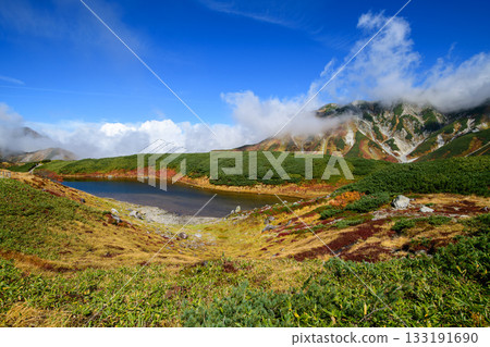 Spectacular autumn view of Midorigaike Pond and the Tateyama Mountain Range, Tateyama Kurobe Alpine Route, Murododaira, Toyama Prefecture 133191690