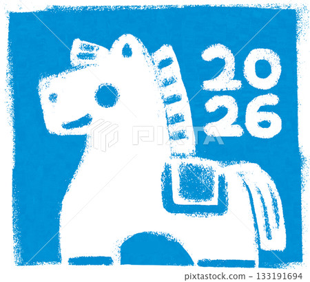 2026年馬年新年賀卡插畫，北歐風格藍色駿馬圖案設計，插畫素材 133191694